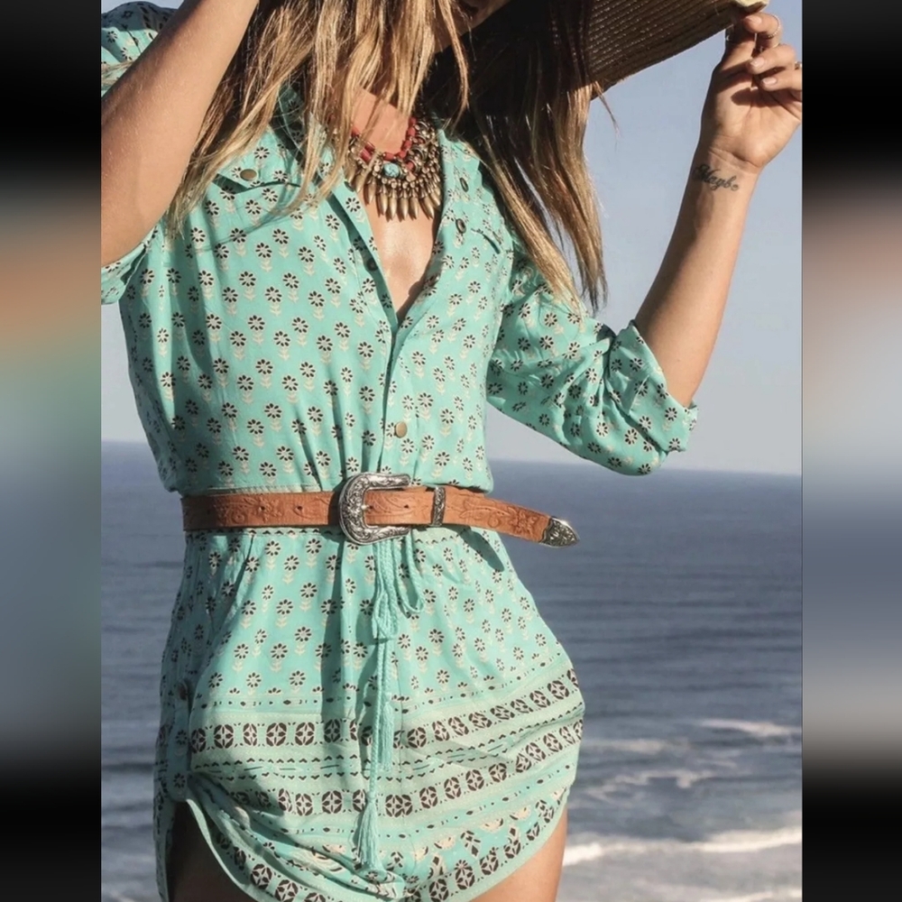 Spell & the Gypsy Gypsiana Playsuit Romper XS Turquoise Summer Western Vacation